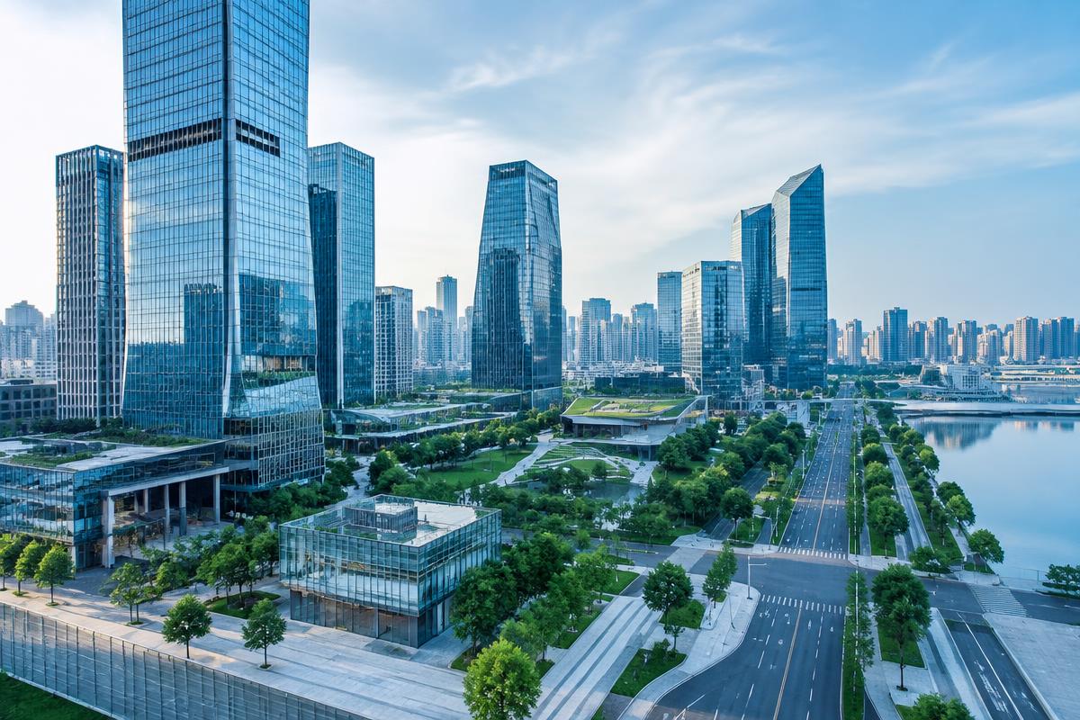 Distrito urbano contemporâneo com arquitetura e infraestrutura planejadas