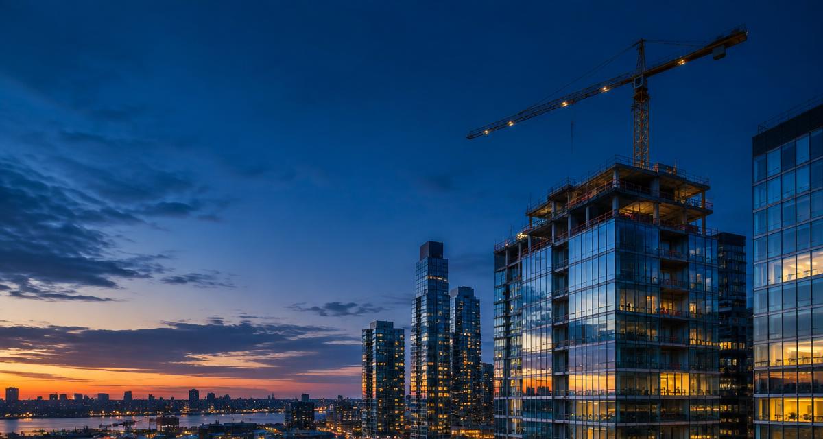 Cidade moderna com edifícios em construção ao anoitecer